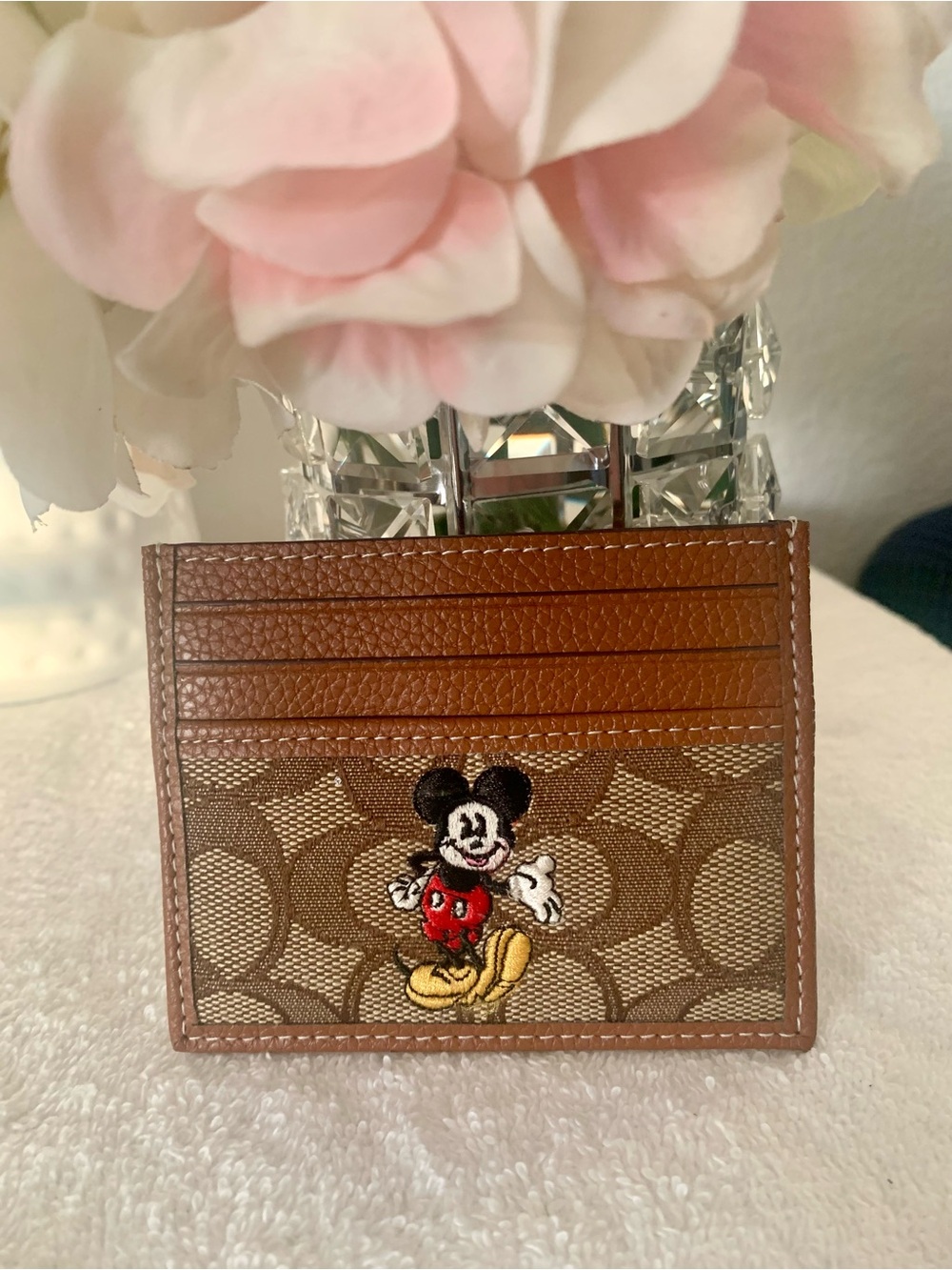 Coach Brown Signature Canvas Card Case with Mickey Embroidery